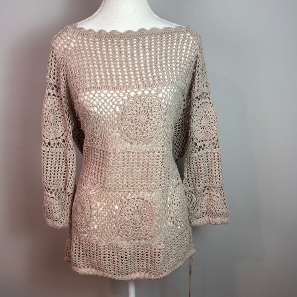 Spiegel Womens Cotton Ramie Beige Crochet Open Knit 3/4 Sleeve Blouse Large boho